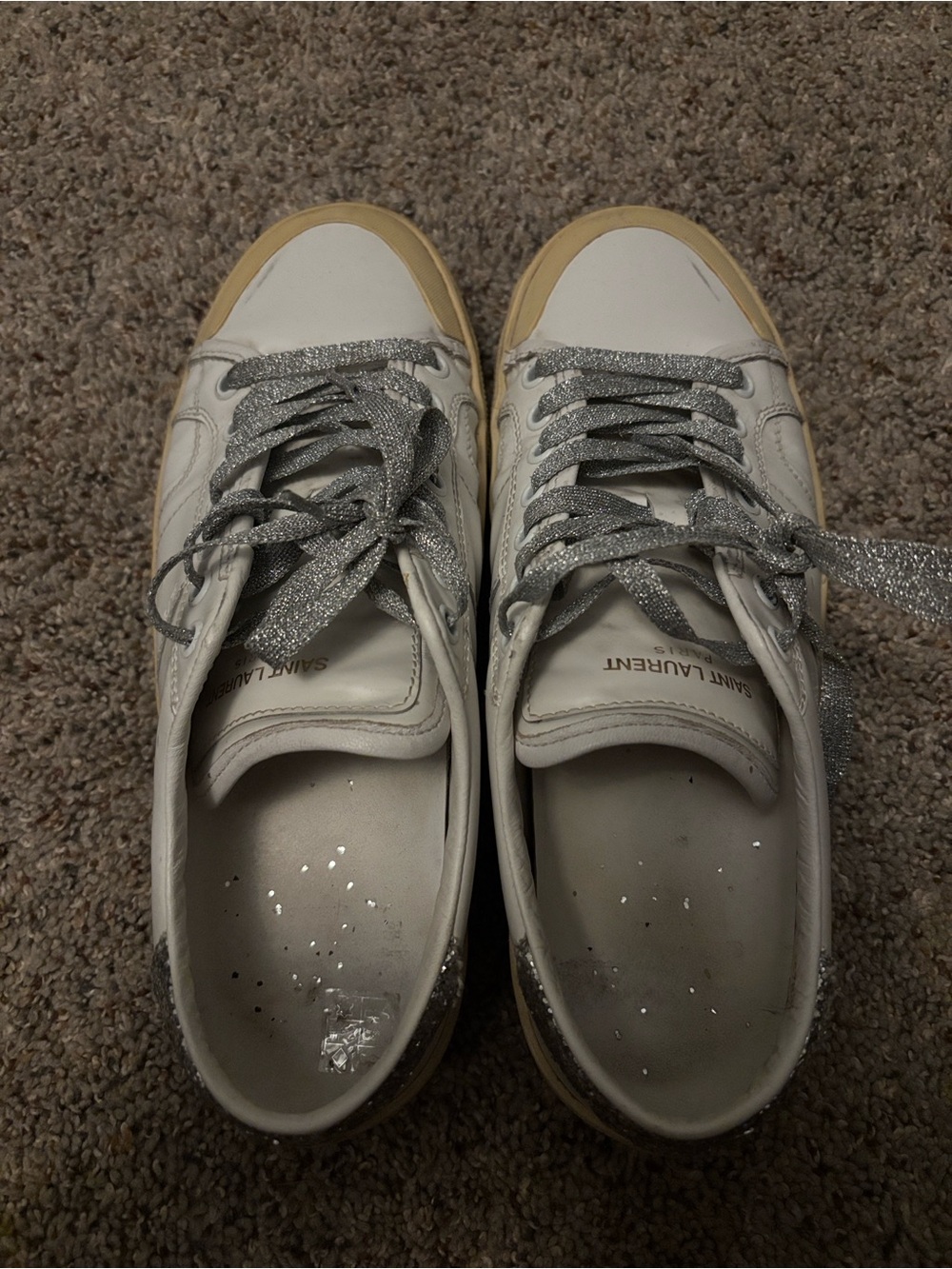 Saint Laurent SL/37 White Leather Glitter Low Top Sneakers Silver 39 - Picture 2 of 5